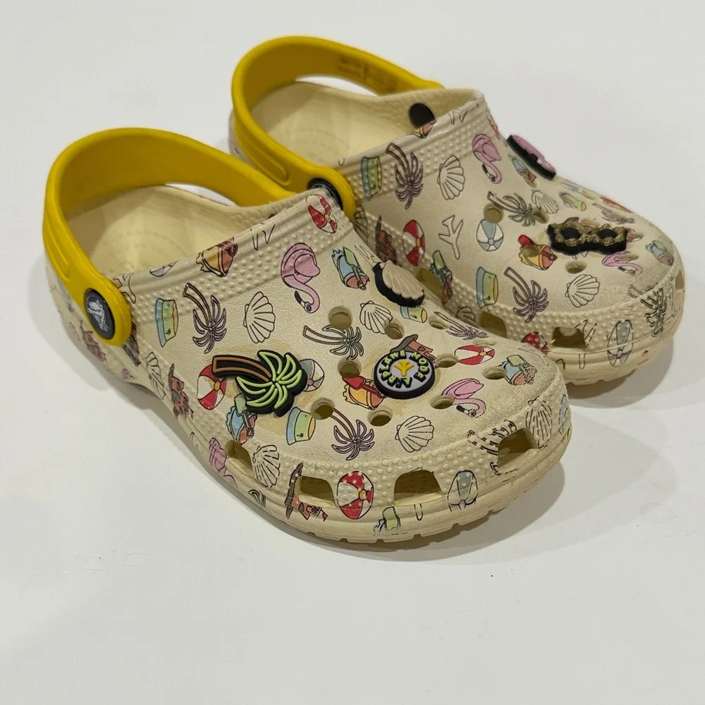 CROCS Kids Beach Print Clogs with Yellow Strap Size 13